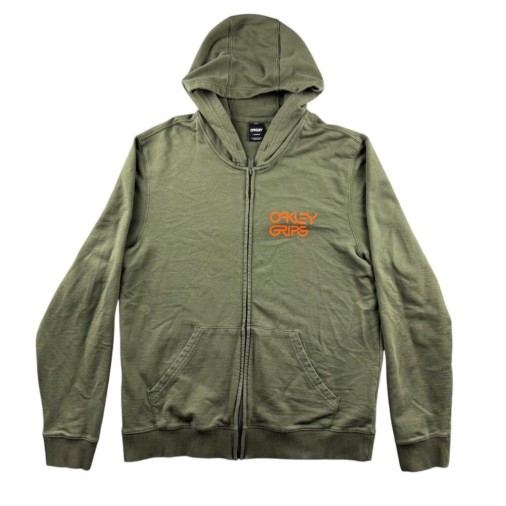Oakley Grips Hoodie Mens Large Green Full Zip Fleece Sweatshirt Graphic Logo Y2K